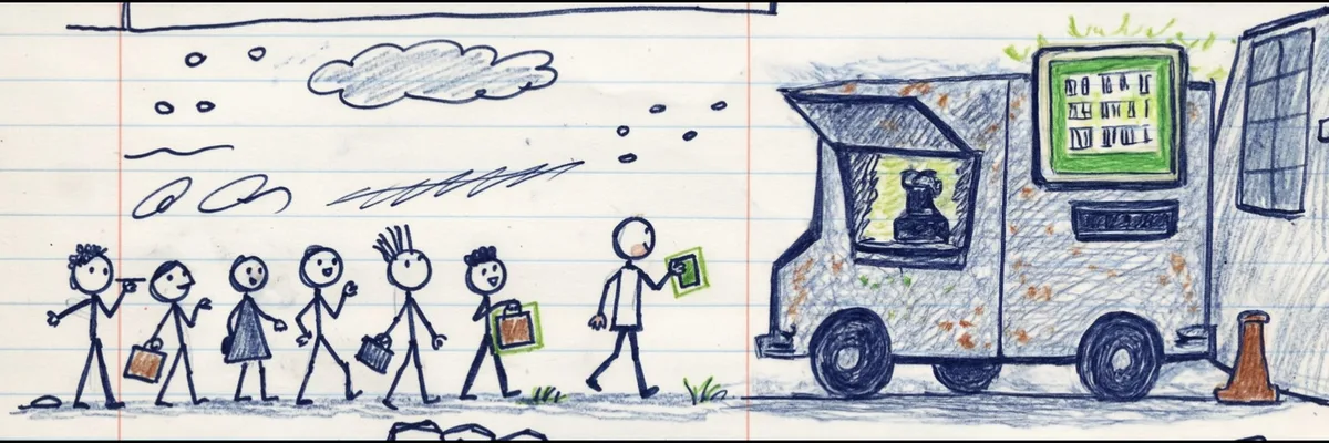 Stick figures queueing at the truck, with clouds and pen scribbles